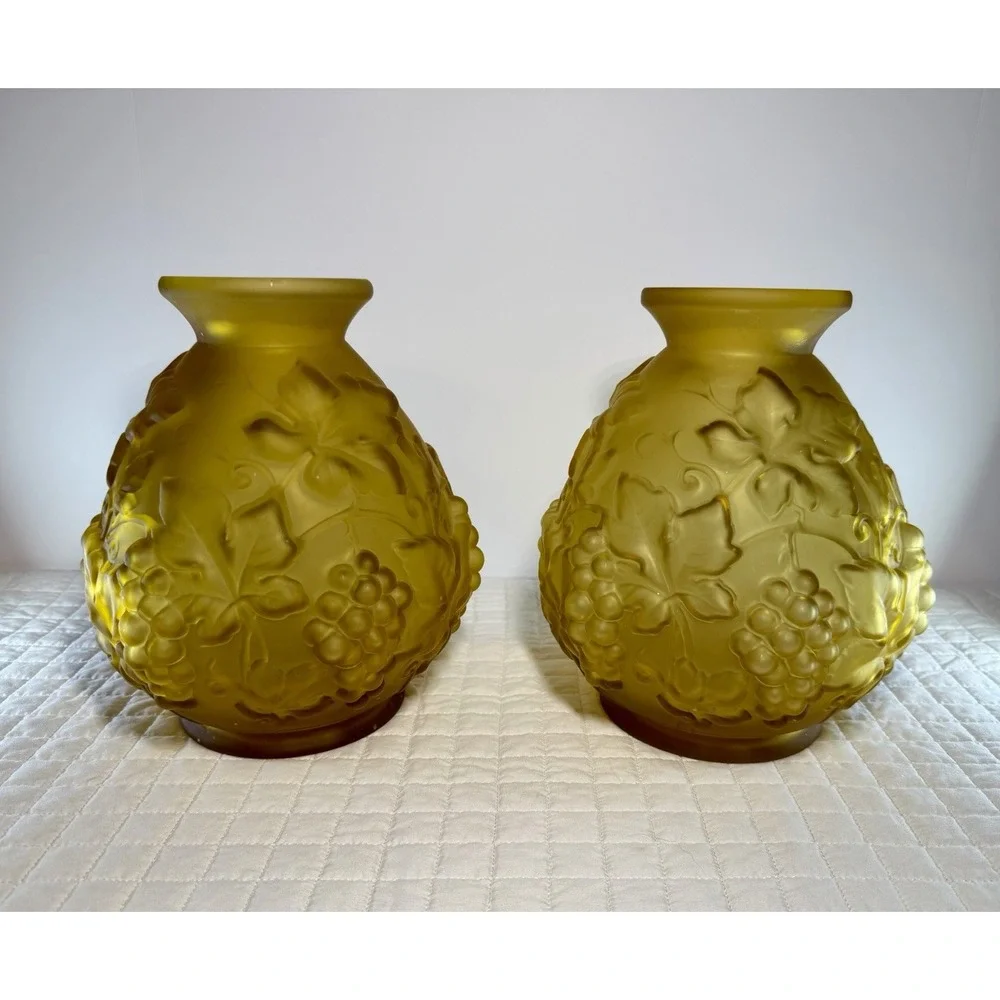 Etaleune Paris France Signed Satin Art Glass Grape Vine Vase Pair Antique